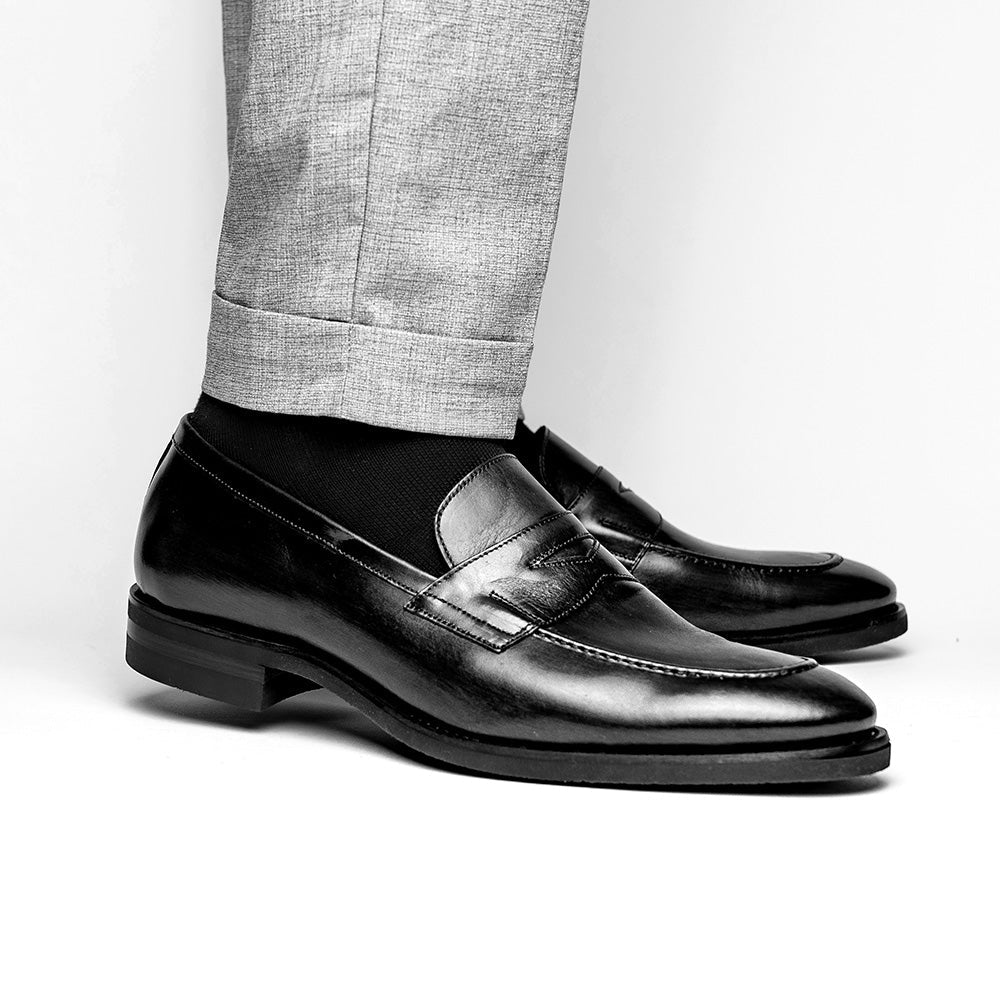 Roma Hand Burnished Calfskin Penny Loafer | Black