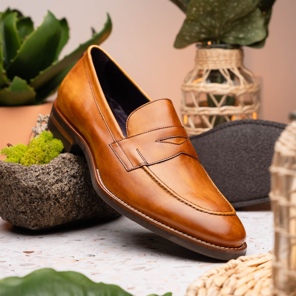 Roma Hand Burnished Calfskin Penny Loafer | Camel