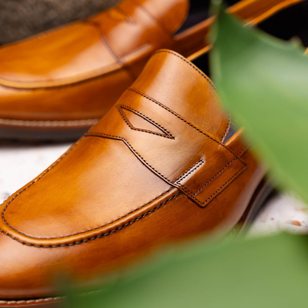 Roma Hand Burnished Calfskin Penny Loafer | Camel