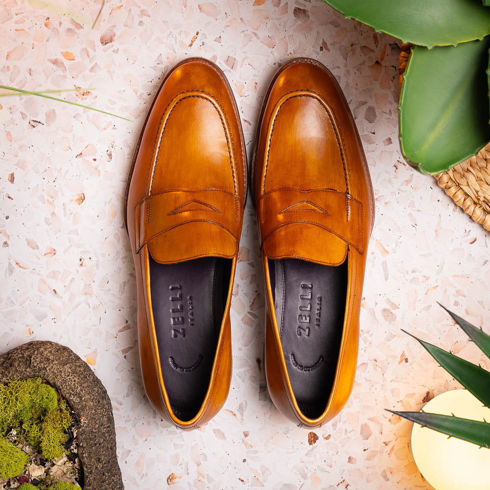 Roma Hand Burnished Calfskin Penny Loafer | Camel