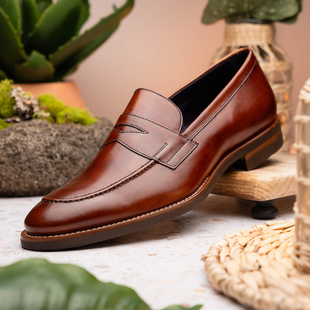 Roma Hand Burnished Calfskin Penny Loafer | Cognac