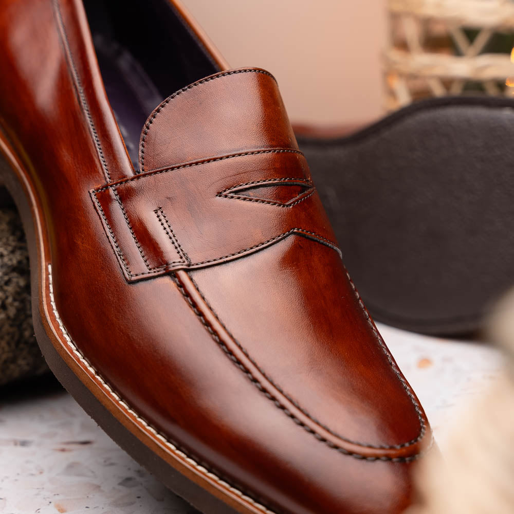 Roma Hand Burnished Calfskin Penny Loafer | Cognac