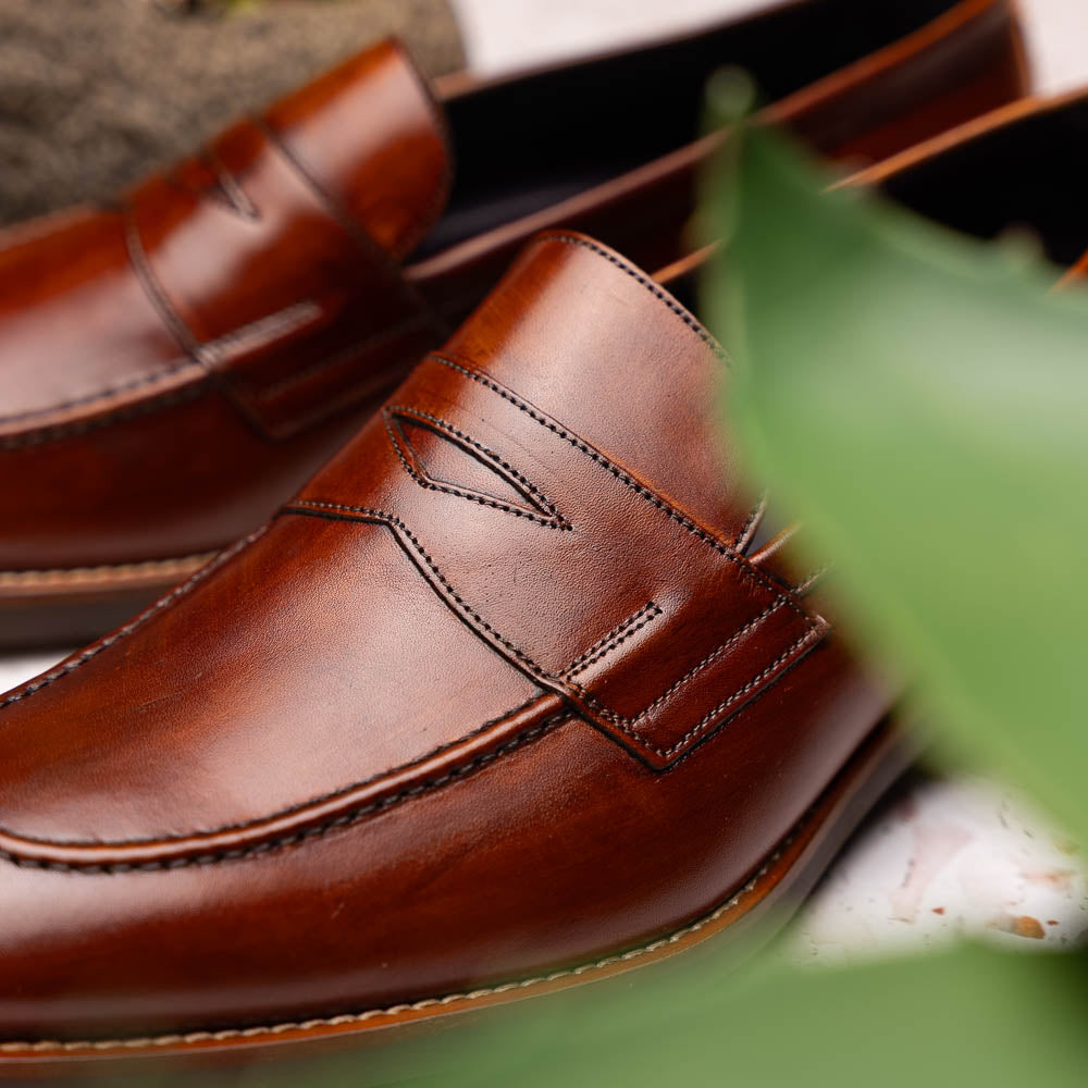 Roma Hand Burnished Calfskin Penny Loafer | Cognac