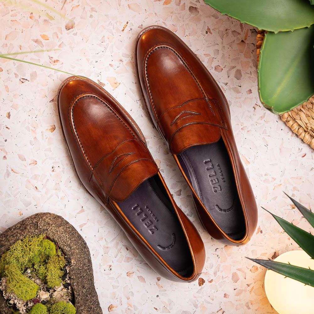 Roma Hand Burnished Calfskin Penny Loafer | Cognac