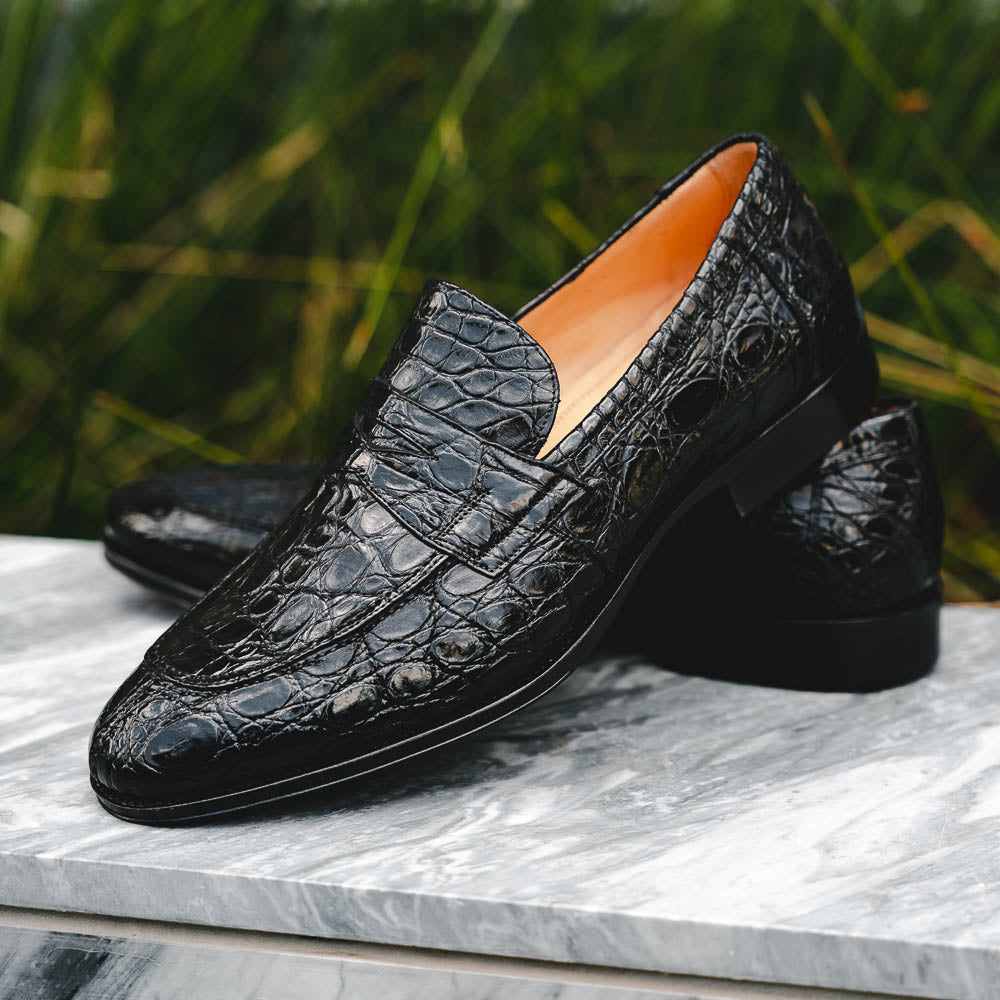 Roma Crocodile Penny Loafer | Black