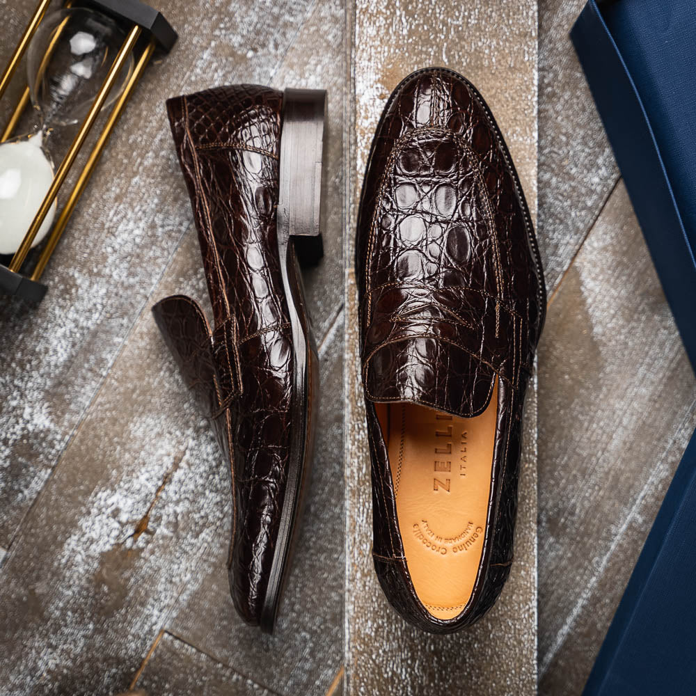 Roma Crocodile Penny Loafer | Nicotine