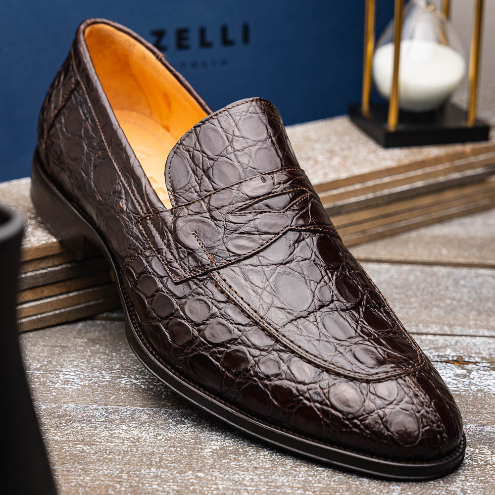 Roma Crocodile Penny Loafer | Nicotine