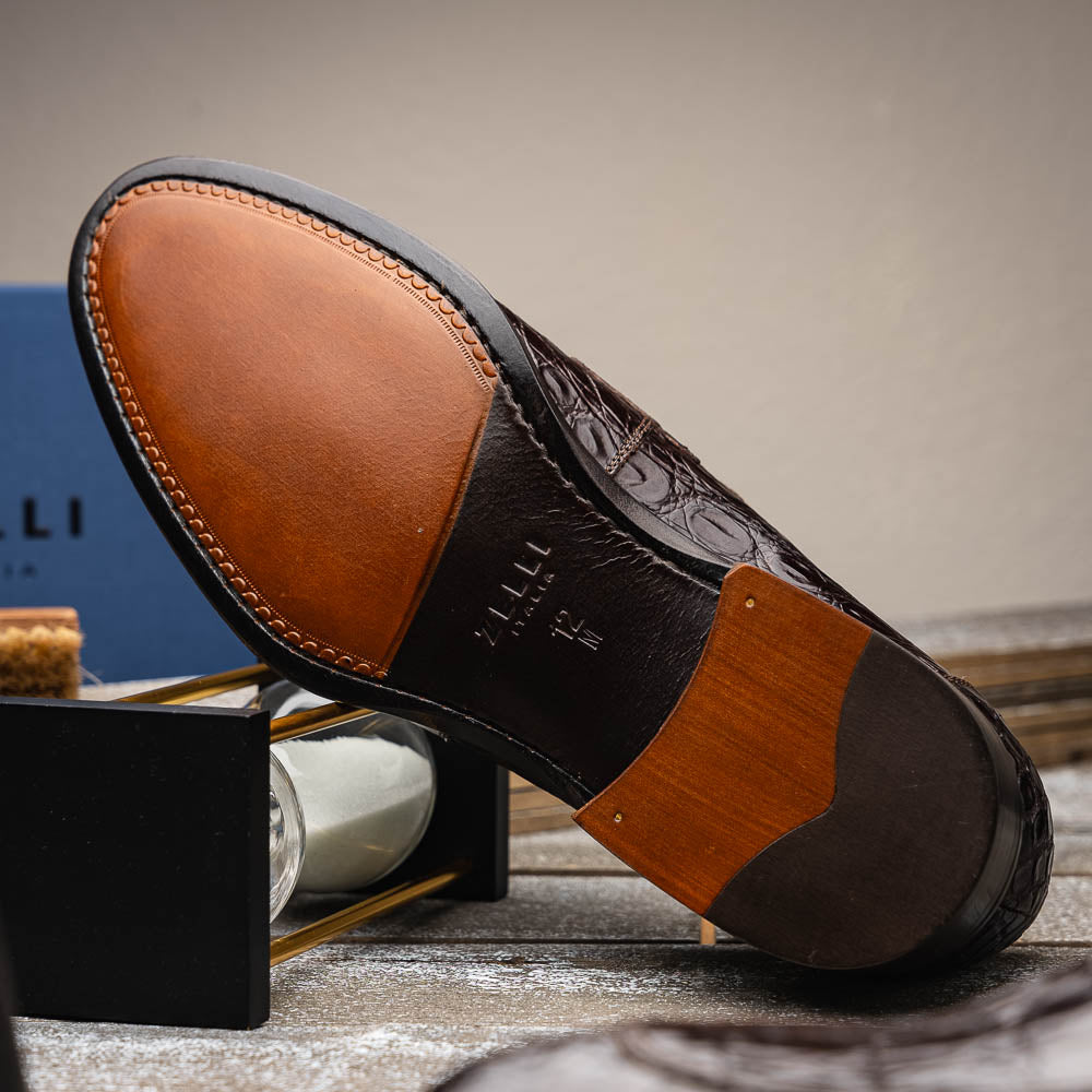 Roma Crocodile Penny Loafer | Nicotine