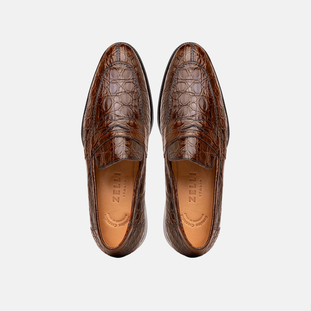 Roma Crocodile Penny Loafer | Cognac