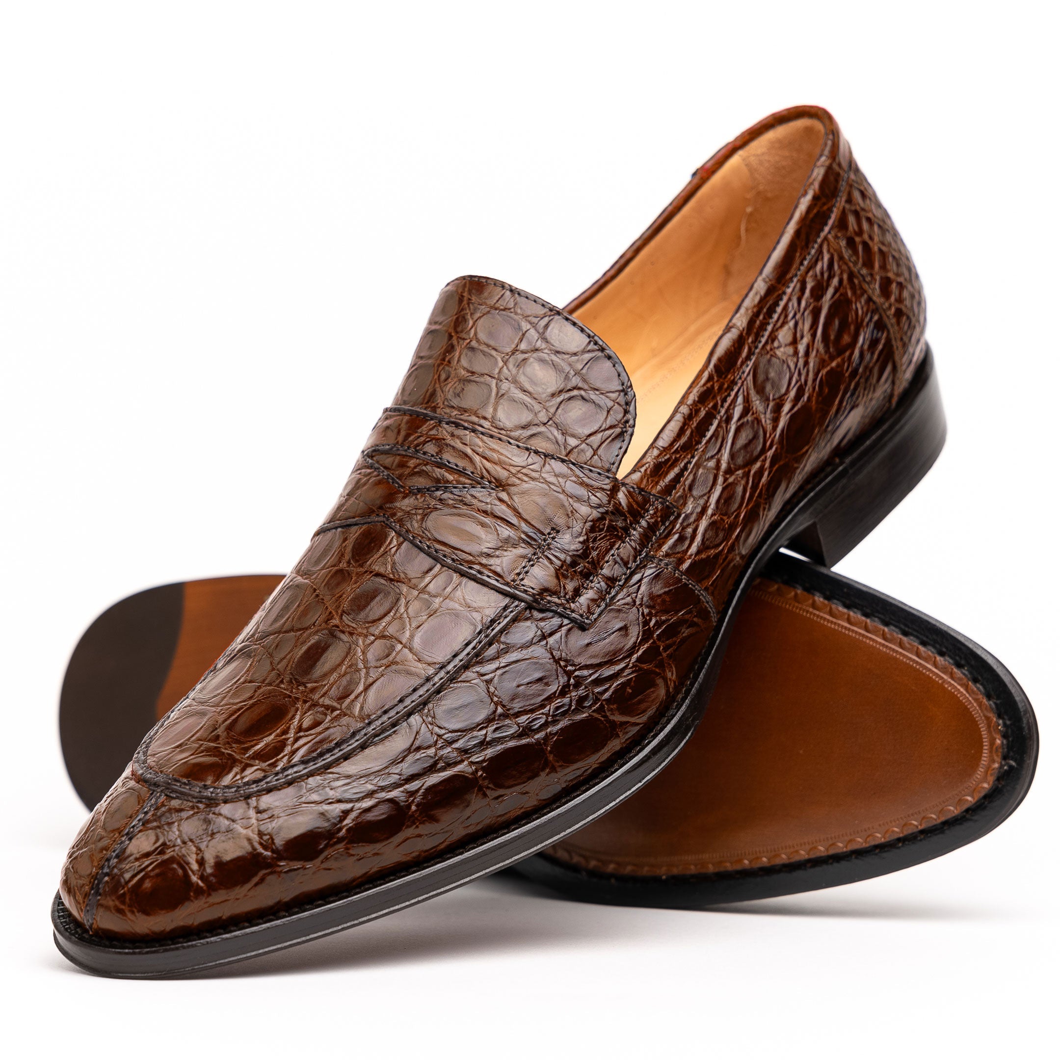 Roma Crocodile Penny Loafer | Cognac