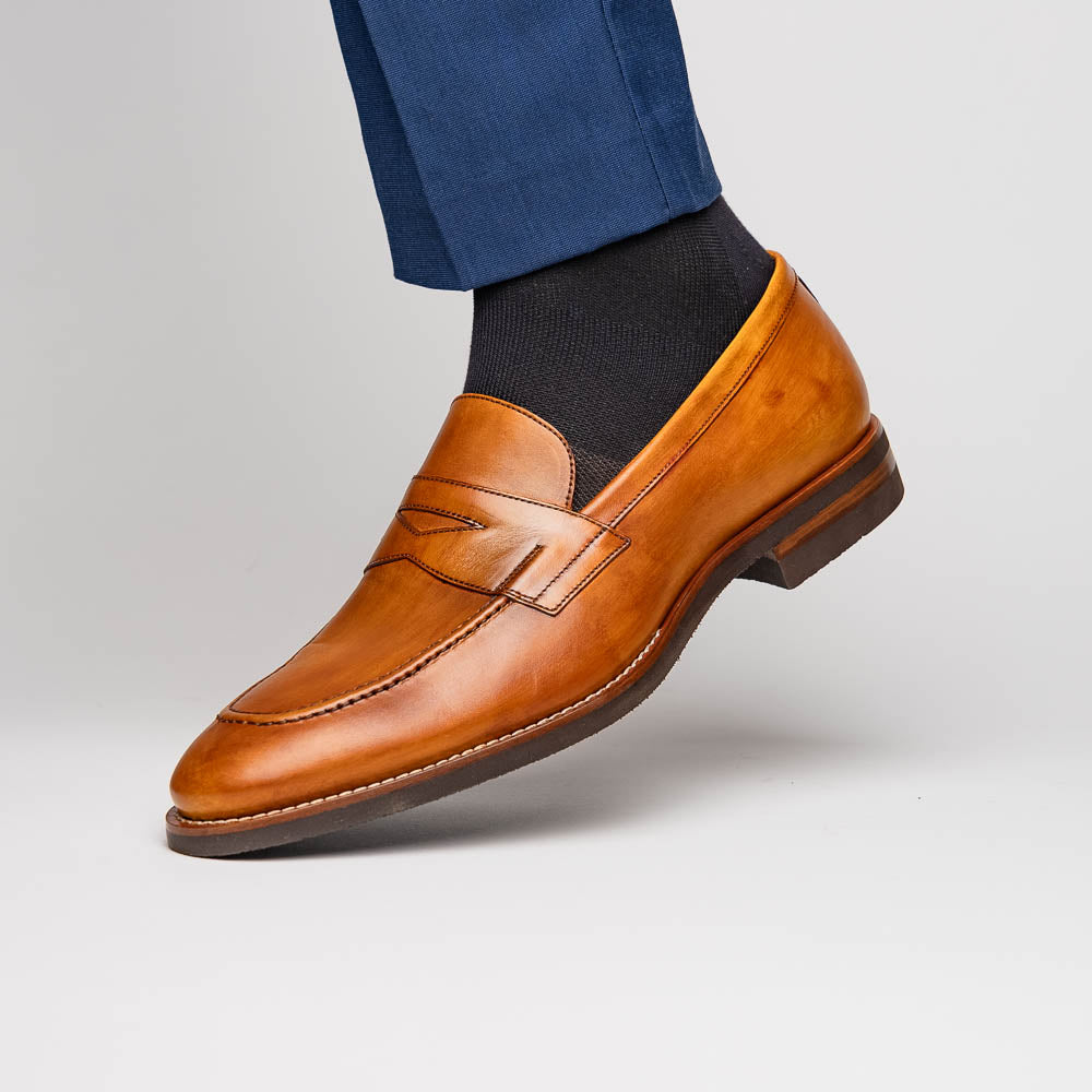 Roma Hand Burnished Calfskin Penny Loafer | Camel