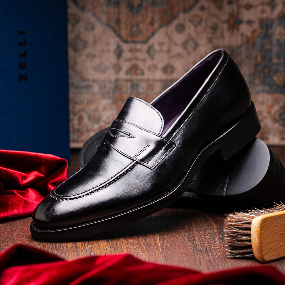 Roma Hand Burnished Calfskin Penny Loafer | Black