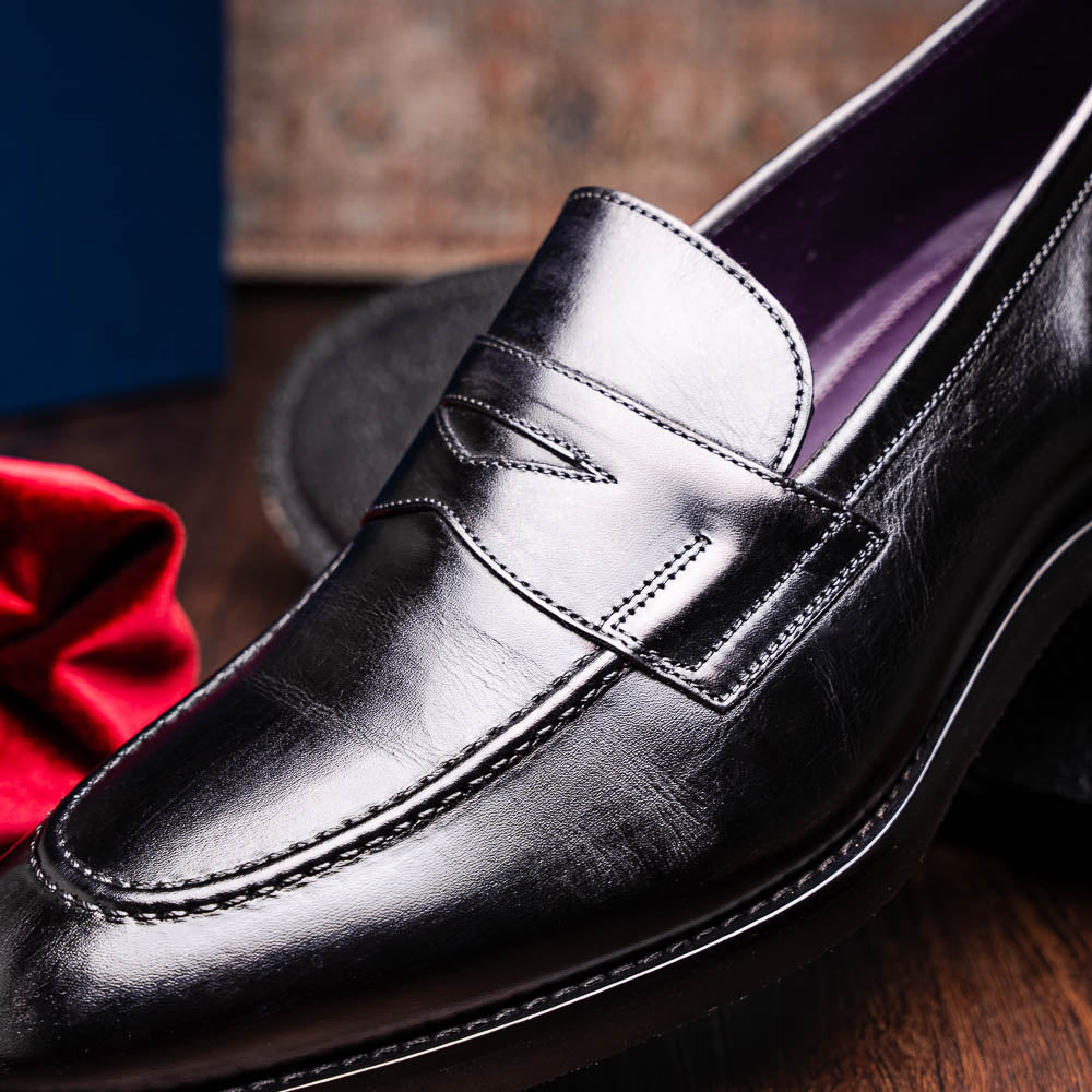 Roma Hand Burnished Calfskin Penny Loafer | Black