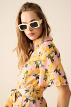 Romantic Dress with Waistband and Lemon Print and Short Sleeves in Pink