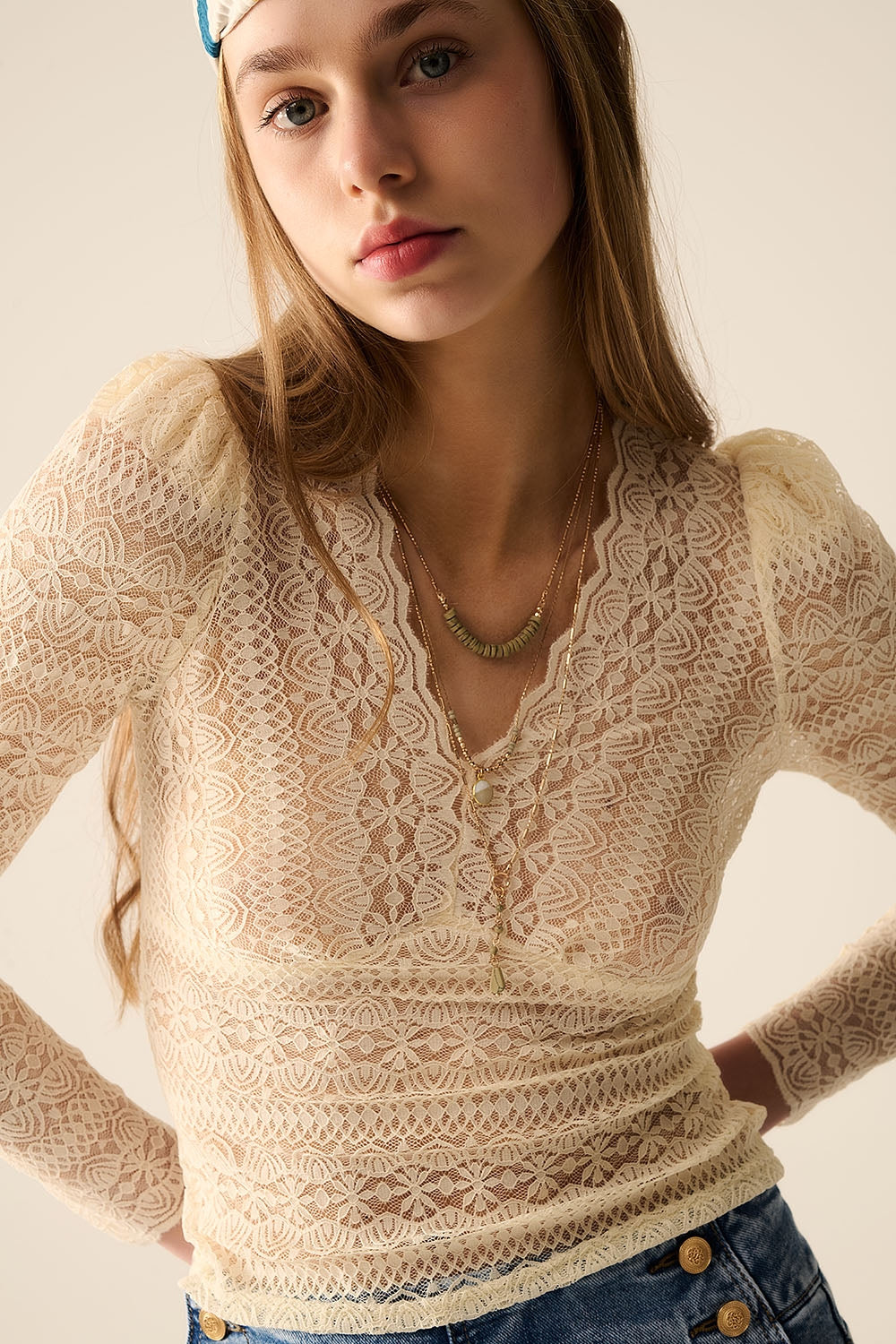 Romantic V-Neck Lace Top with Long Sleeves in Beige