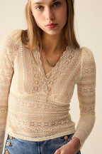 Romantic V-Neck Lace Top with Long Sleeves in Beige