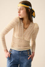 Romantic V-Neck Lace Top with Long Sleeves in Beige
