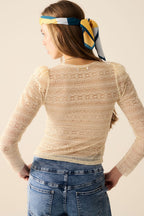 Romantic V-Neck Lace Top with Long Sleeves in Beige