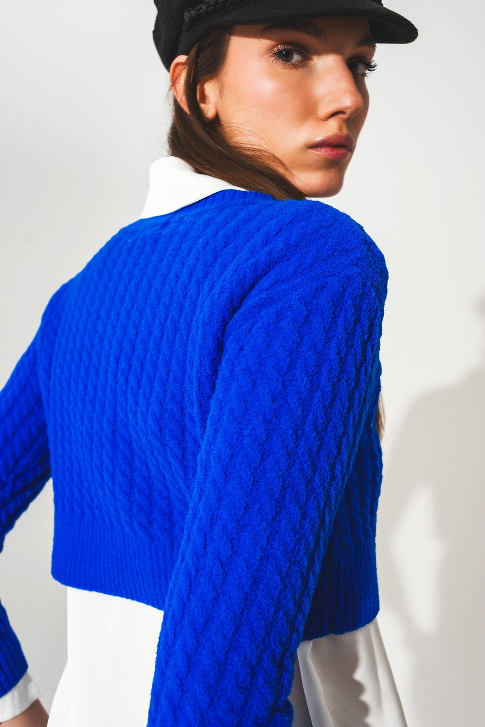 Round Neck Cable Knit Crop Jumper in Blue