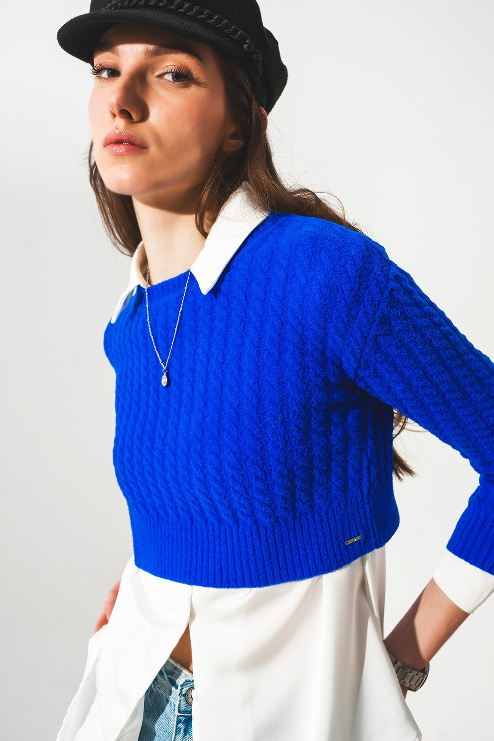 Round Neck Cable Knit Crop Jumper in Blue