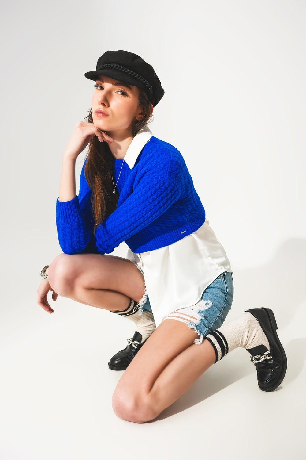 Round Neck Cable Knit Crop Jumper in Blue