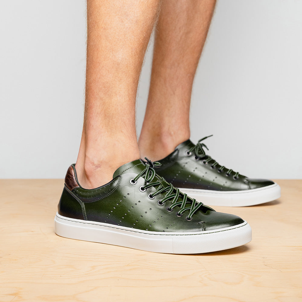 Russo Burnished Italian Calfskin Sneaker | Olive