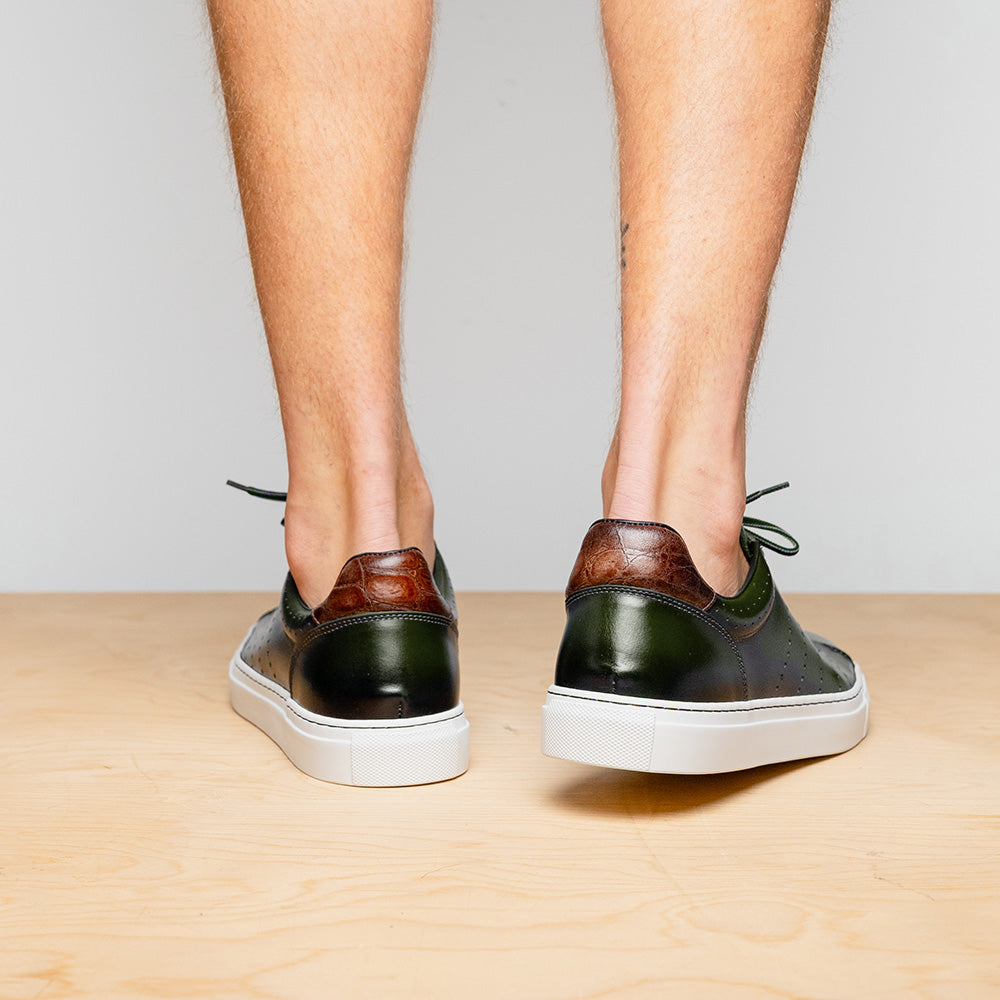 Russo Burnished Italian Calfskin Sneaker | Olive
