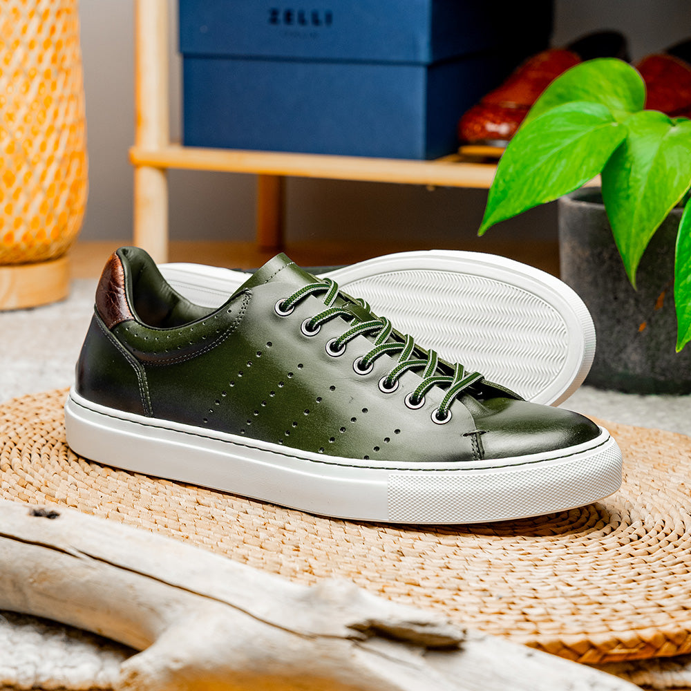 Russo Burnished Italian Calfskin Sneaker | Olive