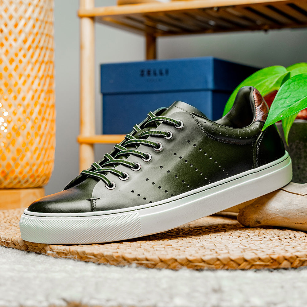 Russo Burnished Italian Calfskin Sneaker | Olive