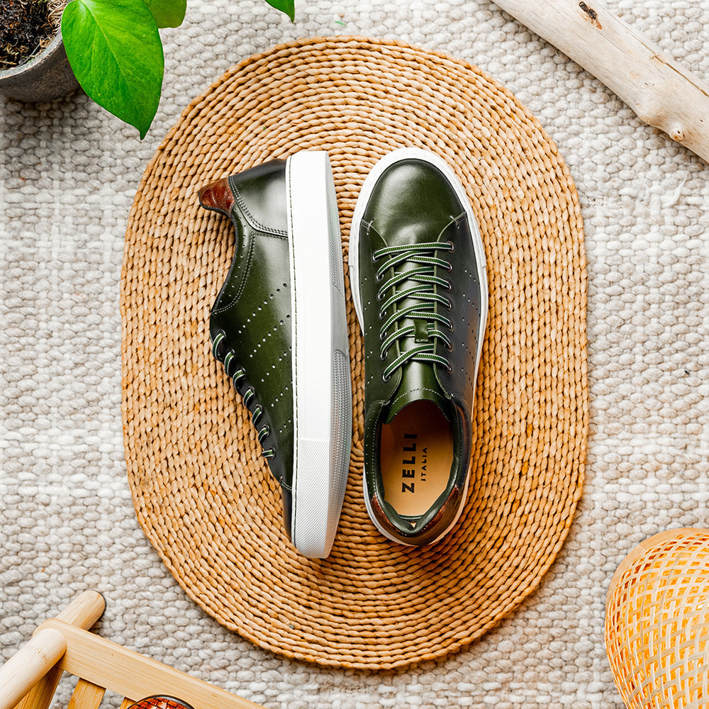 Russo Burnished Italian Calfskin Sneaker | Olive