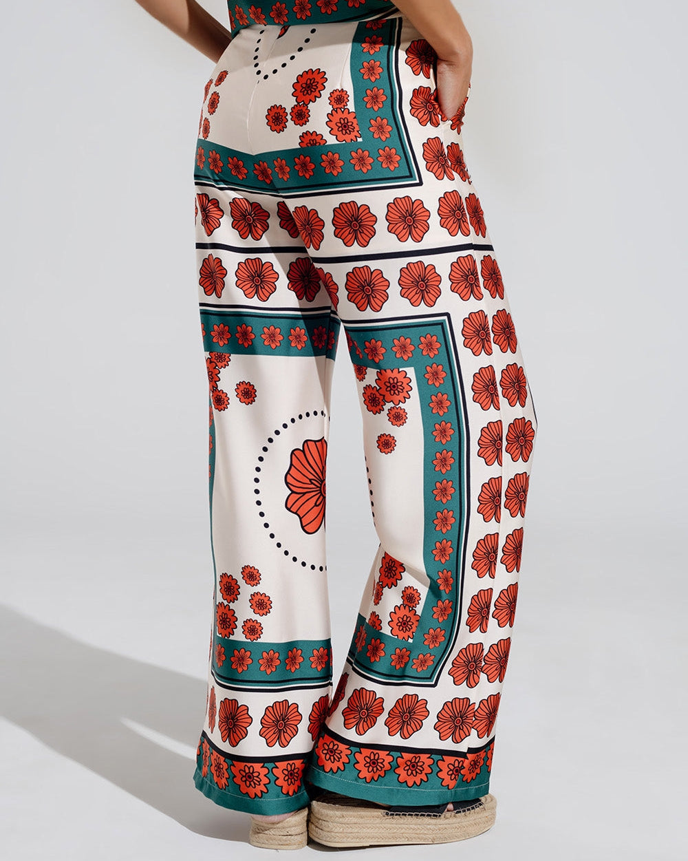 Satin Creme Flared Pants with Floral Design