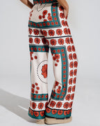 Satin Creme Flared Pants with Floral Design