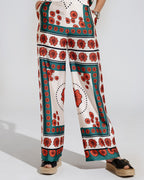 Satin Creme Flared Pants with Floral Design