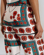 Satin Creme Flared Pants with Floral Design