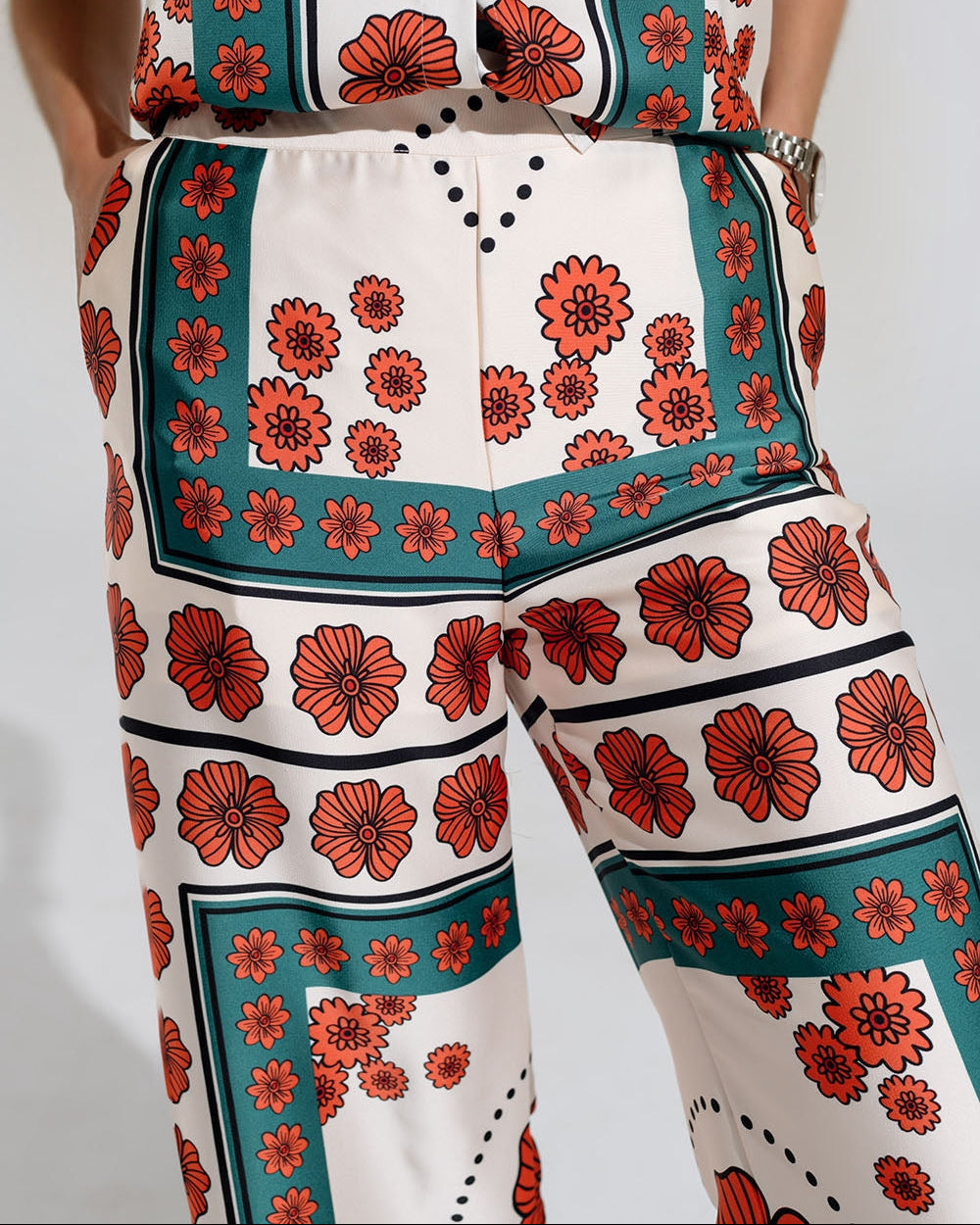 Satin Creme Flared Pants with Floral Design