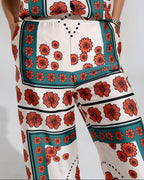 Satin Creme Flared Pants with Floral Design