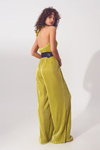 Satin Halter Neck Pleated Maxi Jumpsuit in Green