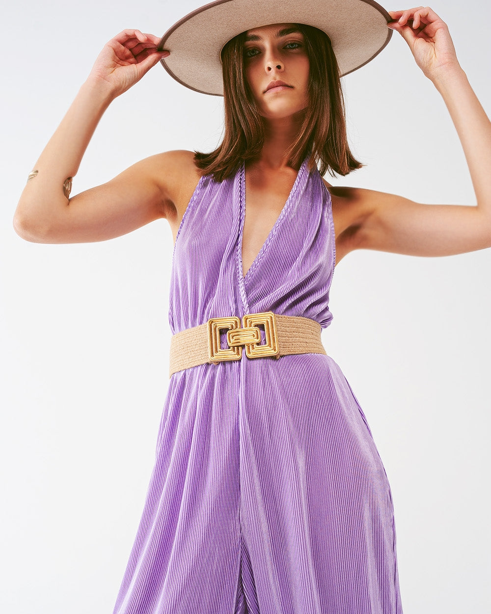 Satin Halter Neck Pleated Maxi Jumpsuit in Lilac