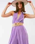 Satin Halter Neck Pleated Maxi Jumpsuit in Lilac