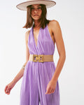 Satin Halter Neck Pleated Maxi Jumpsuit in Lilac