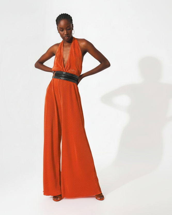Satin Halter Neck Pleated Maxi Jumpsuit in Orange