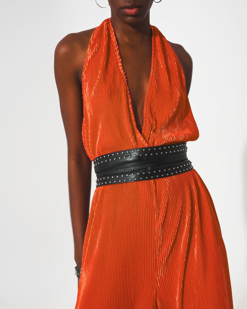 Satin Halter Neck Pleated Maxi Jumpsuit in Orange