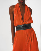 Satin Halter Neck Pleated Maxi Jumpsuit in Orange