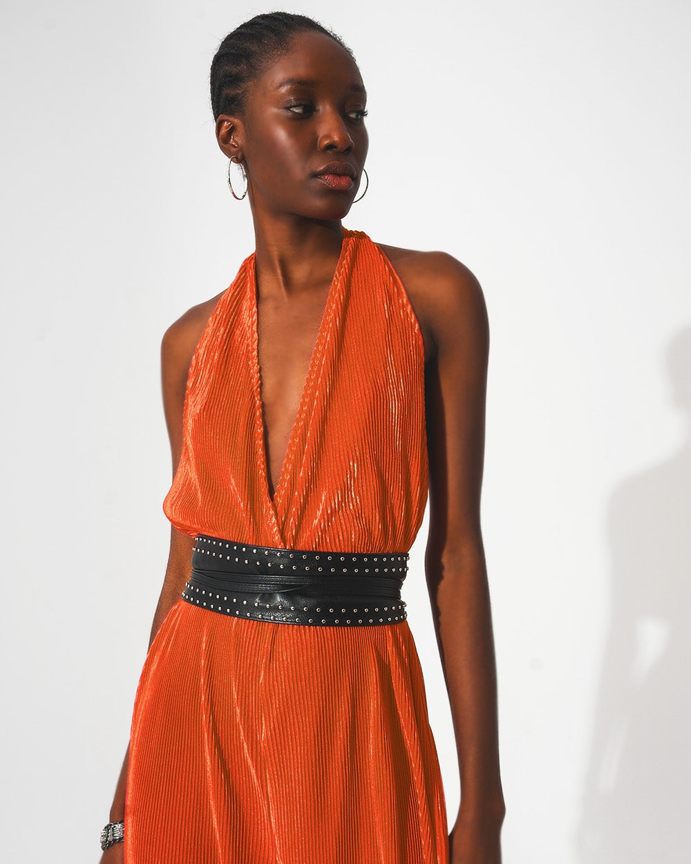 Satin Halter Neck Pleated Maxi Jumpsuit in Orange