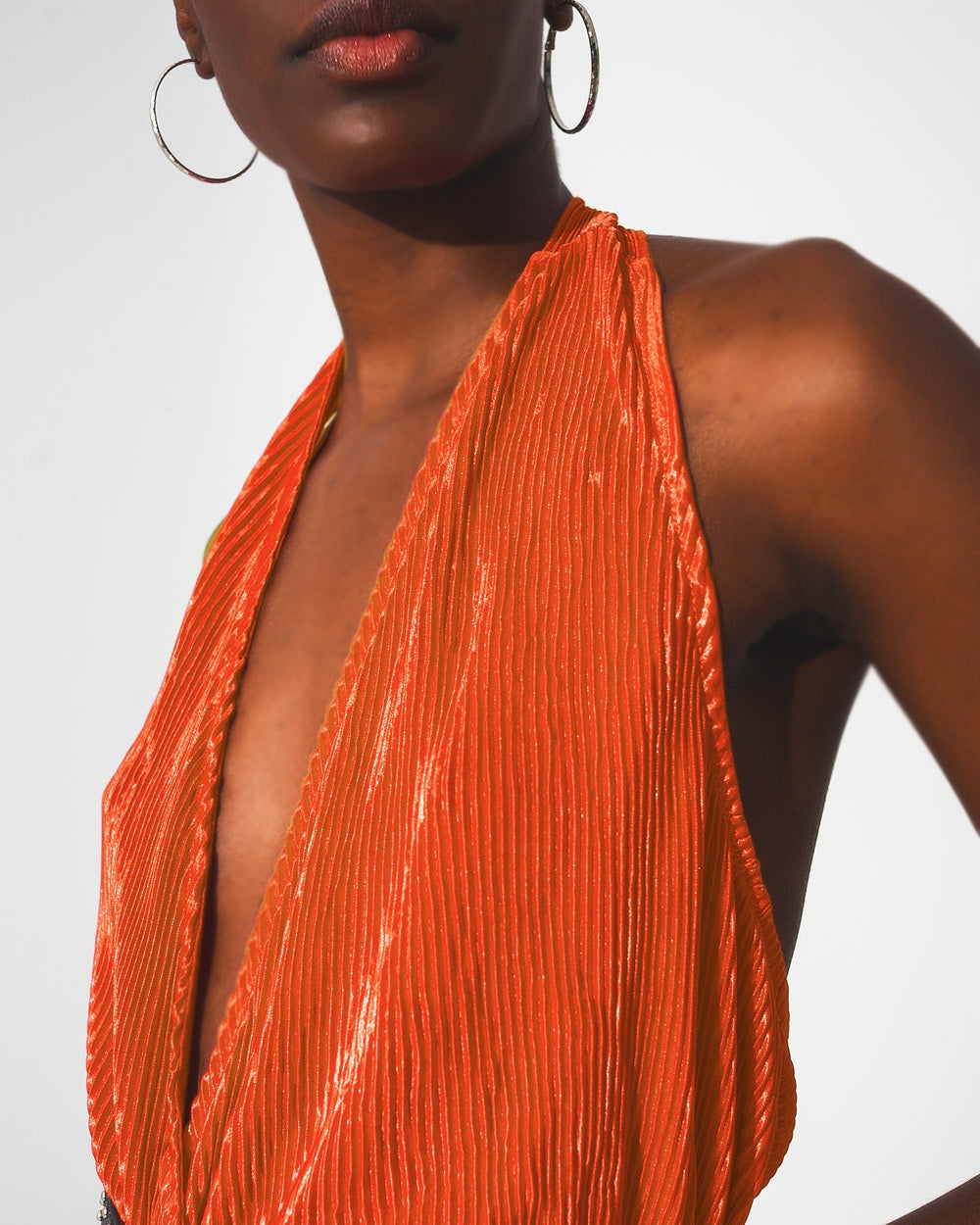 Satin Halter Neck Pleated Maxi Jumpsuit in Orange