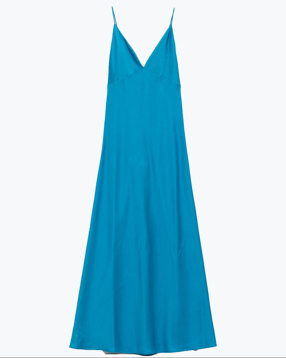 Satin Maxi Dress with Spaghetti Straps in Blue