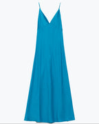 Satin Maxi Dress with Spaghetti Straps in Blue