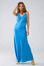 Satin Maxi Dress with Spaghetti Straps in Blue