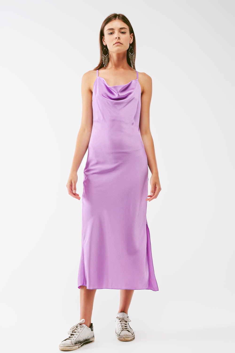 Satin Midi Dress with Cowl Neck in Lilac