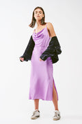 Satin Midi Dress with Cowl Neck in Lilac